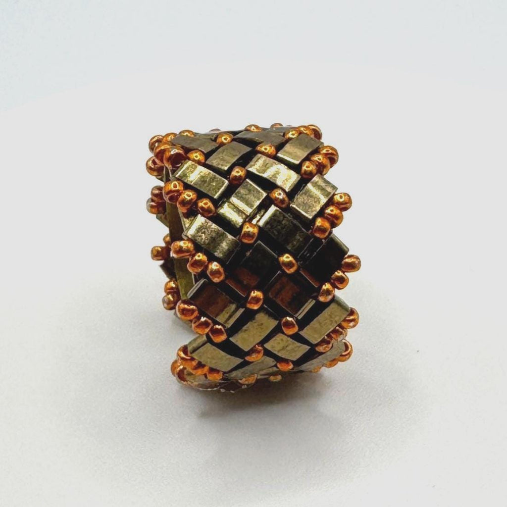 Bronze and Copper Tone Glass Bead Ring, Adjustable Brass Statement Ring, 15 mm Wide