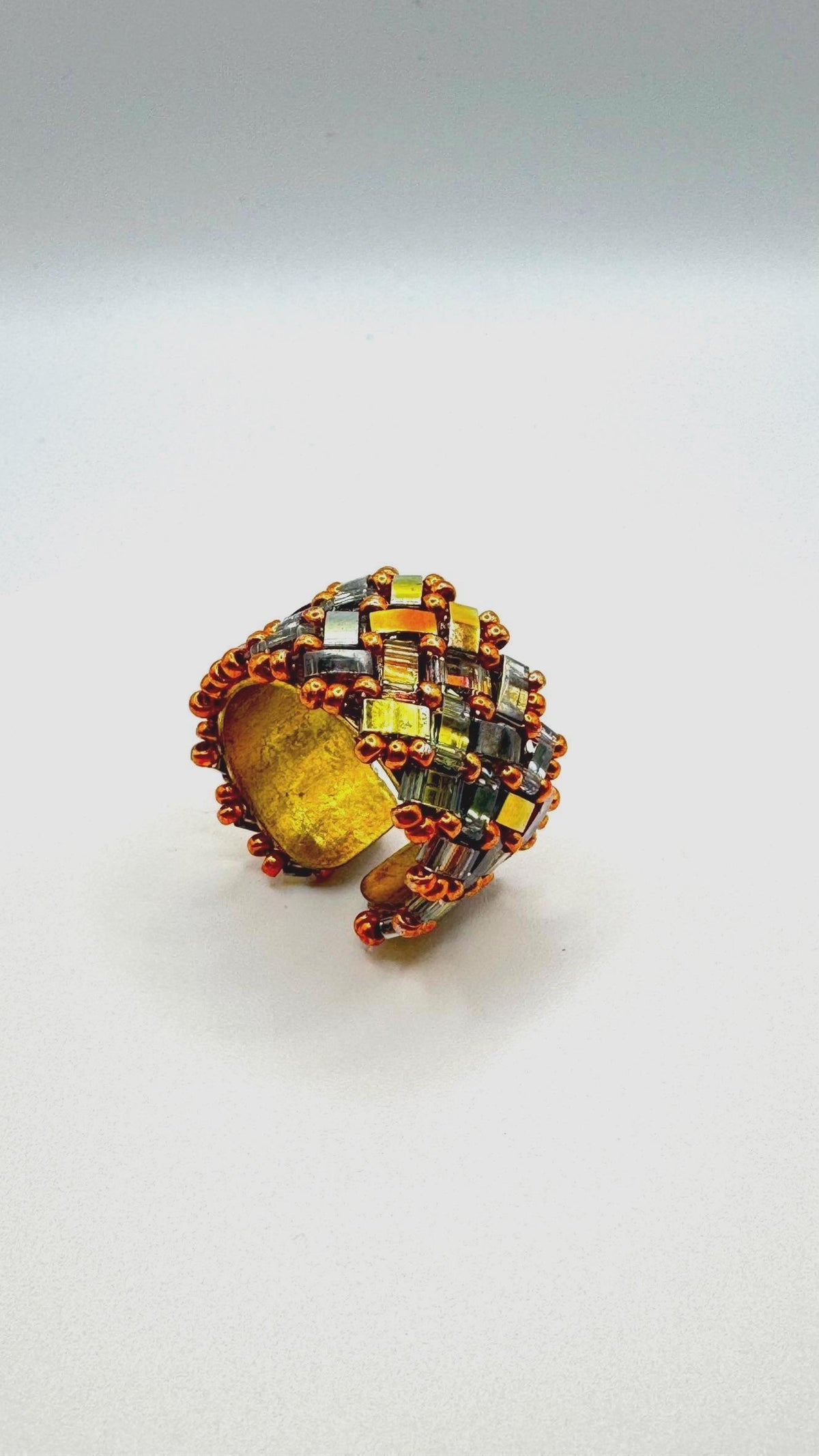 Gold and Copper Tone Glass Bead Ring, Adjustable Brass Statement Ring, 15 mm Wide