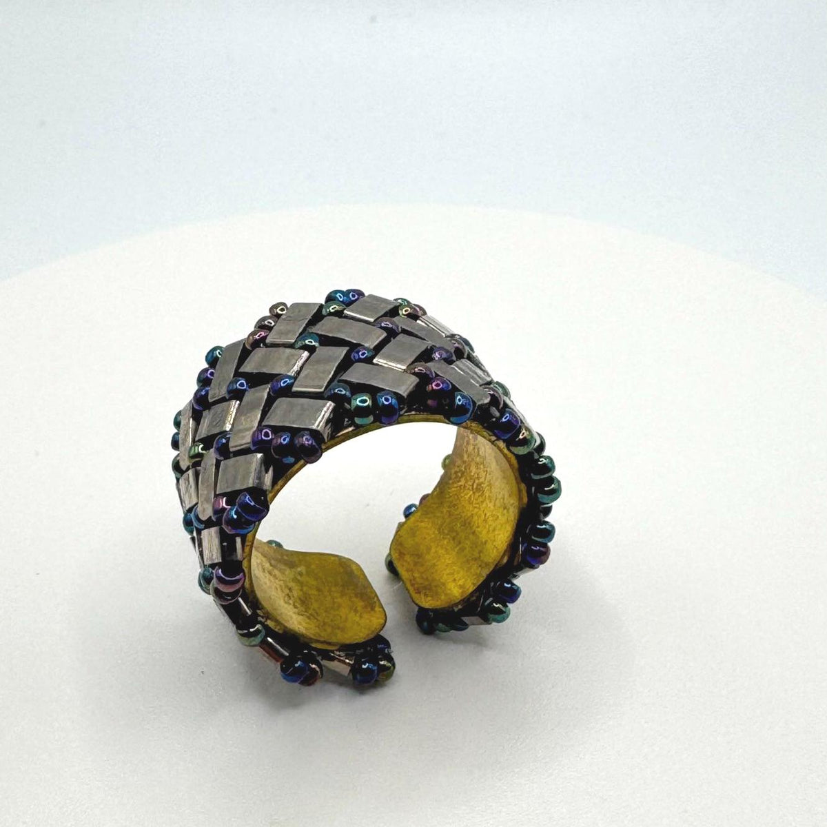 Silver Tone Glass Bead Ring, Iridescent Accents, Adjustable Brass Band, 15 mm Wide