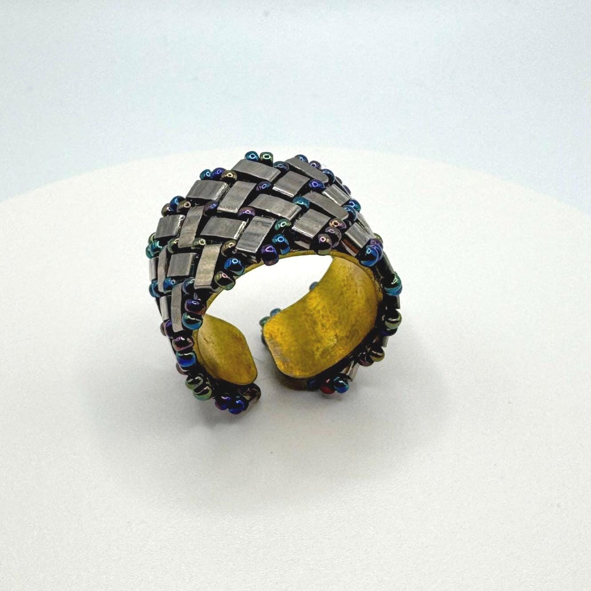 Silver Tone Glass Bead Ring, Iridescent Accents, Adjustable Brass Band, 15 mm Wide