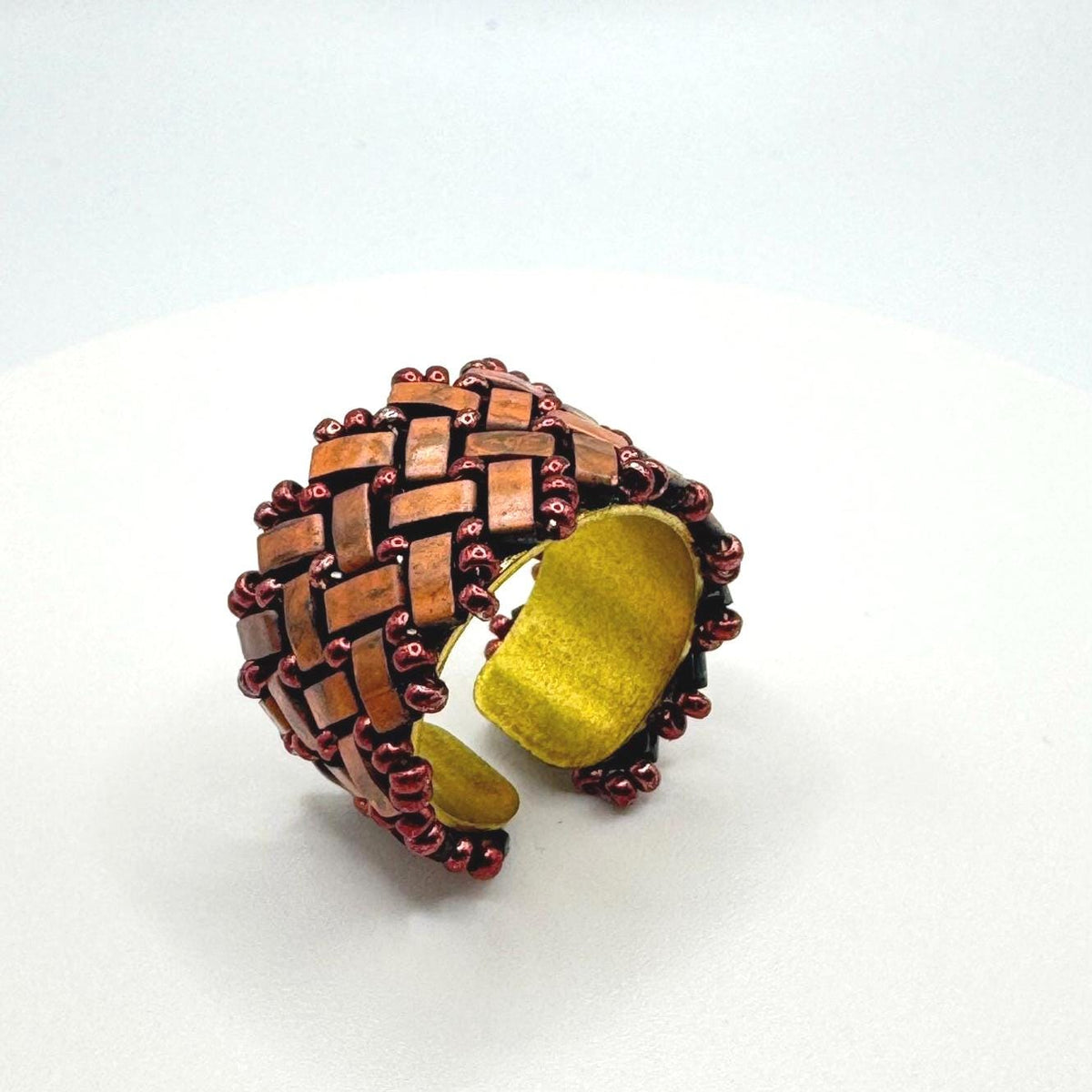 Copper Tone Glass Bead Ring, Adjustable Brass Statement Band, 15 mm Wide