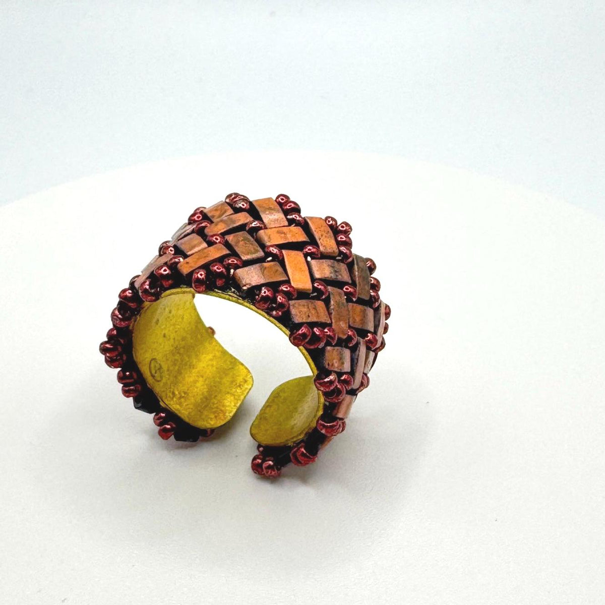 Copper Tone Glass Bead Ring, Adjustable Brass Statement Band, 15 mm Wide