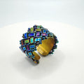 Iridescent Blue Glass Bead Ring, Adjustable Brass Statement Band, 15 mm Wide