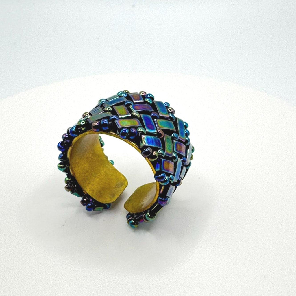 Iridescent Blue Glass Bead Ring, Adjustable Brass Statement Band, 15 mm Wide