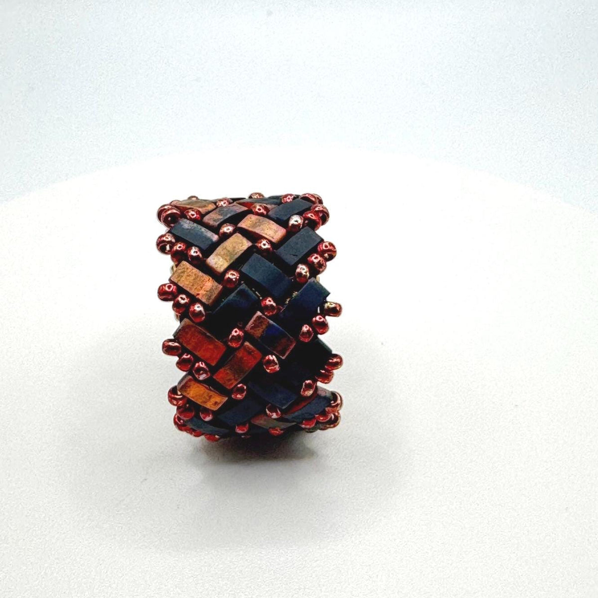Copper and Black Glass Bead Ring, Adjustable Brass Statement Band, 15 mm Wide
