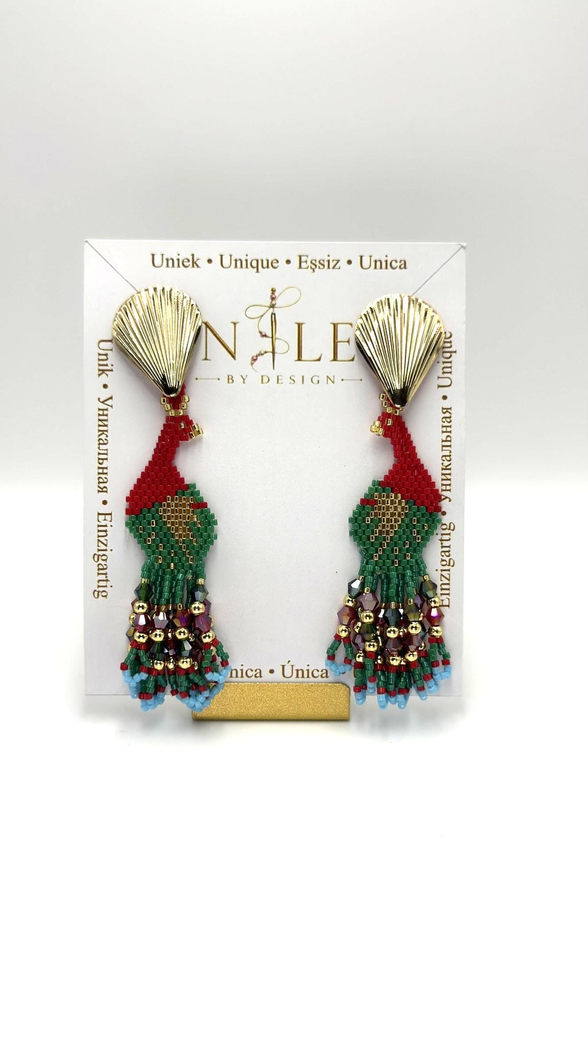 Red and Green Peacock Earrings, Glass Bead Fringe, Stainless Steel Posts, 3.54 inches