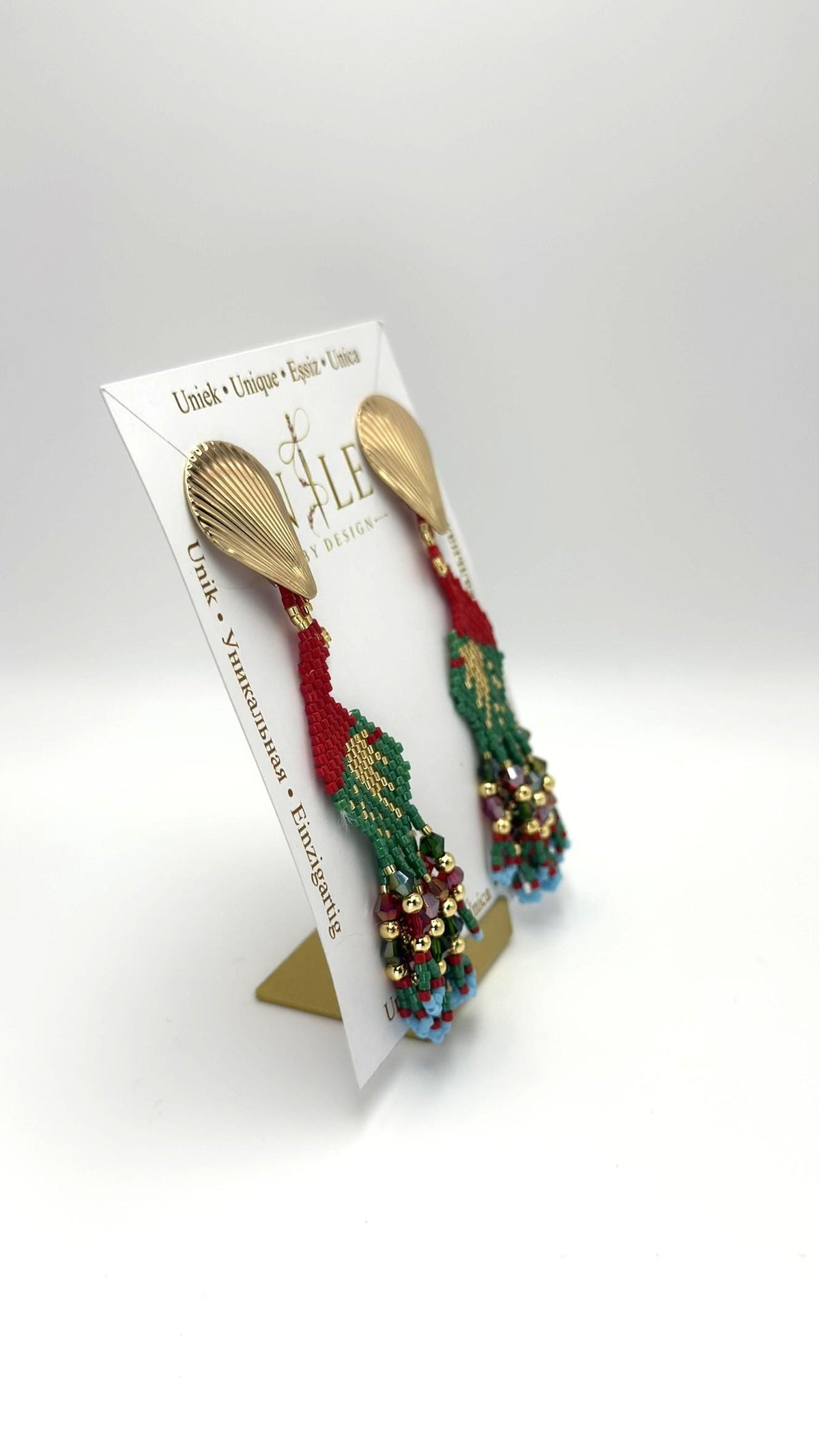 Red and Green Peacock Earrings, Glass Bead Fringe, Stainless Steel Posts, 3.54 inches