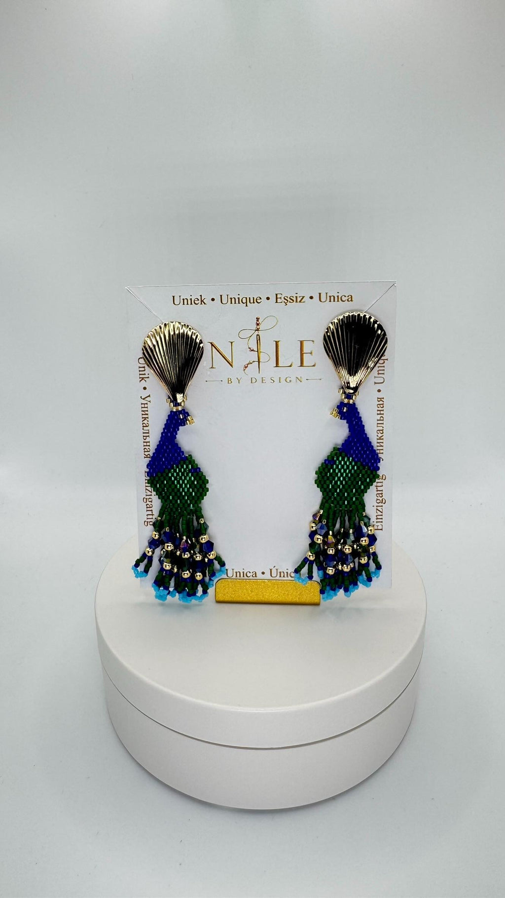 Blue and Green Peacock Earrings, Glass Bead Fringe, Stainless Steel Posts, 3.54 inches