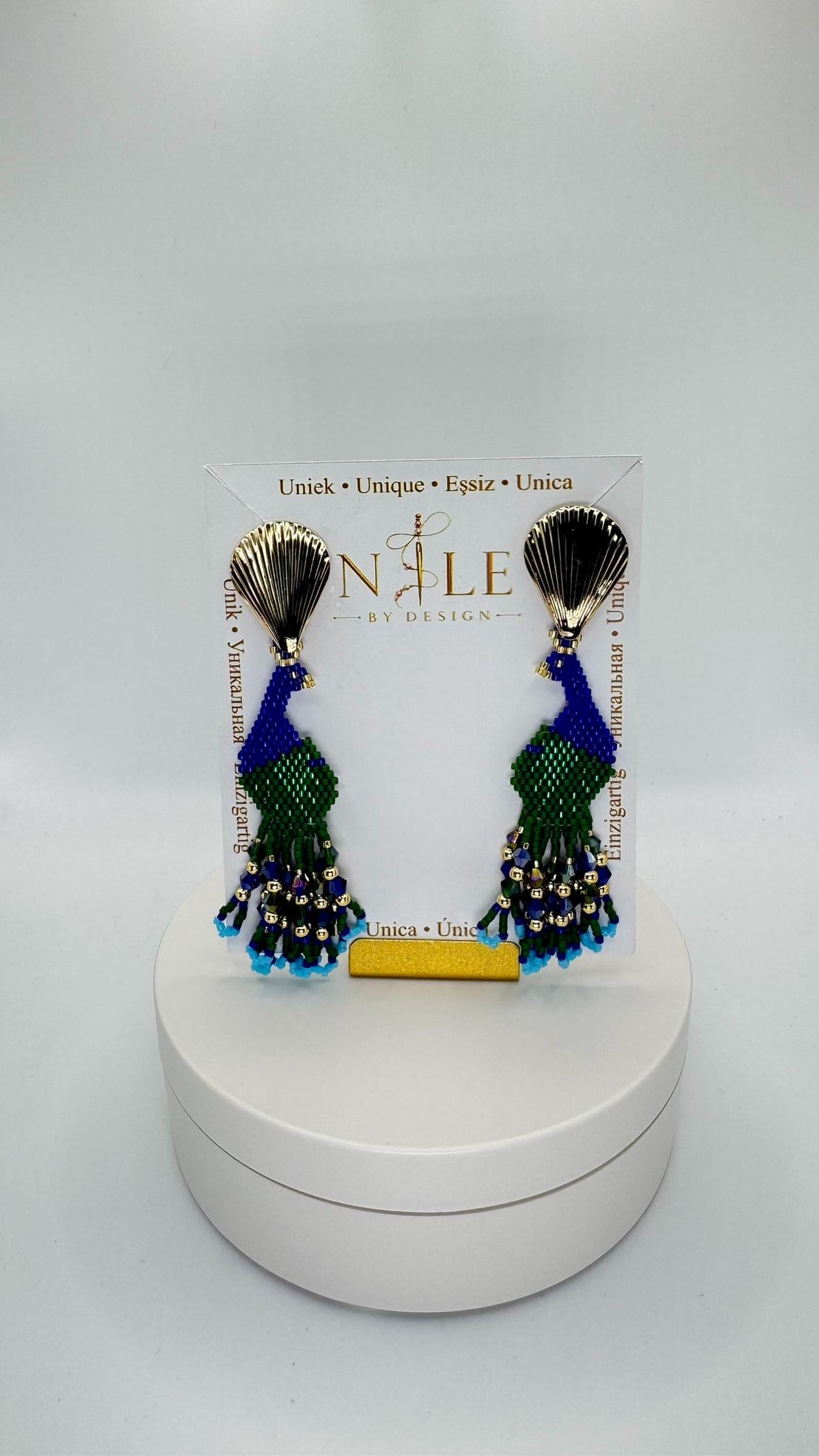 Blue and Green Peacock Earrings, Glass Bead Fringe, Stainless Steel Posts, 3.54 inches