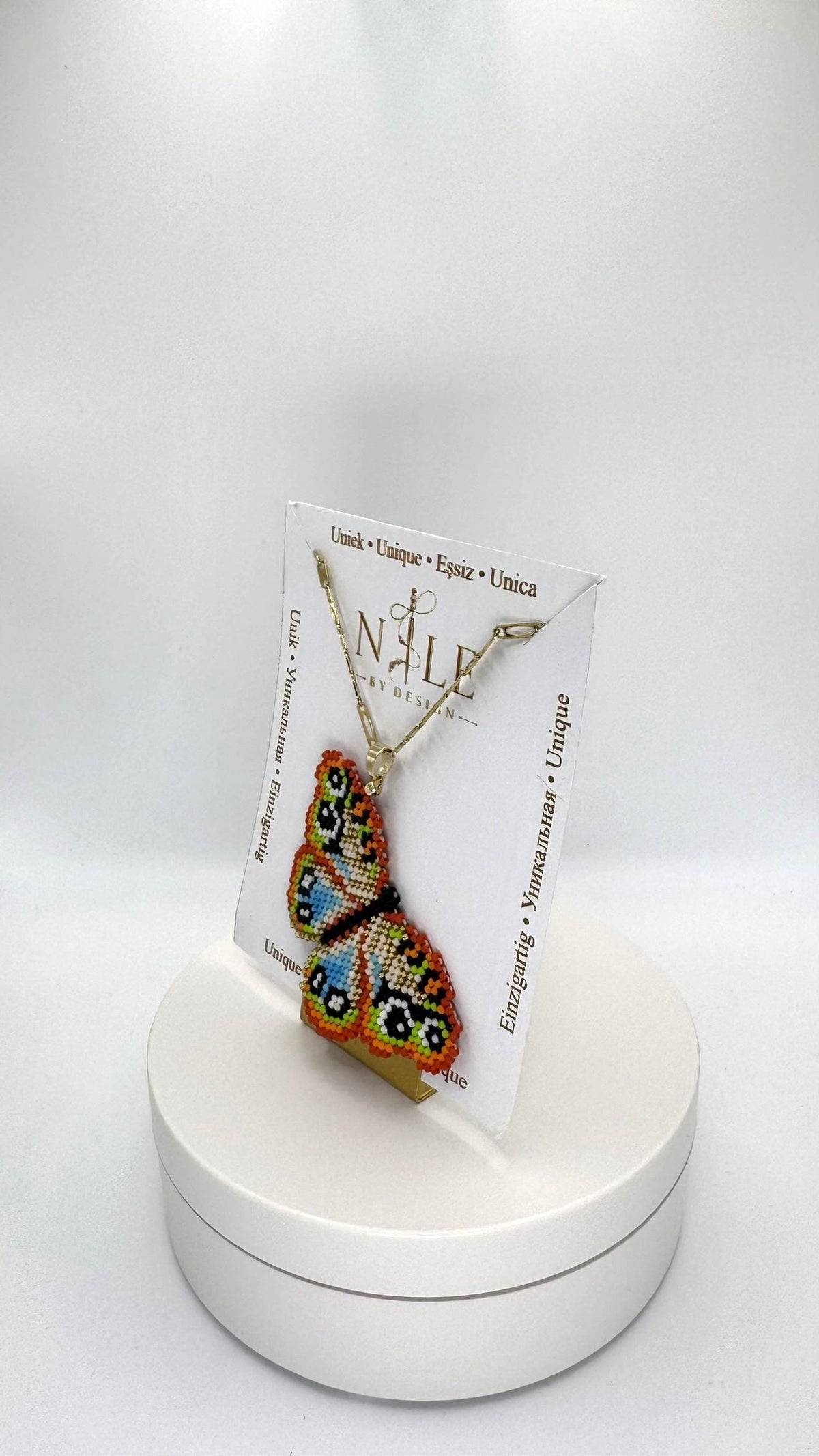 Colorful Beaded Butterfly Necklace, Orange and Blue Pendant, Stainless Steel Chain