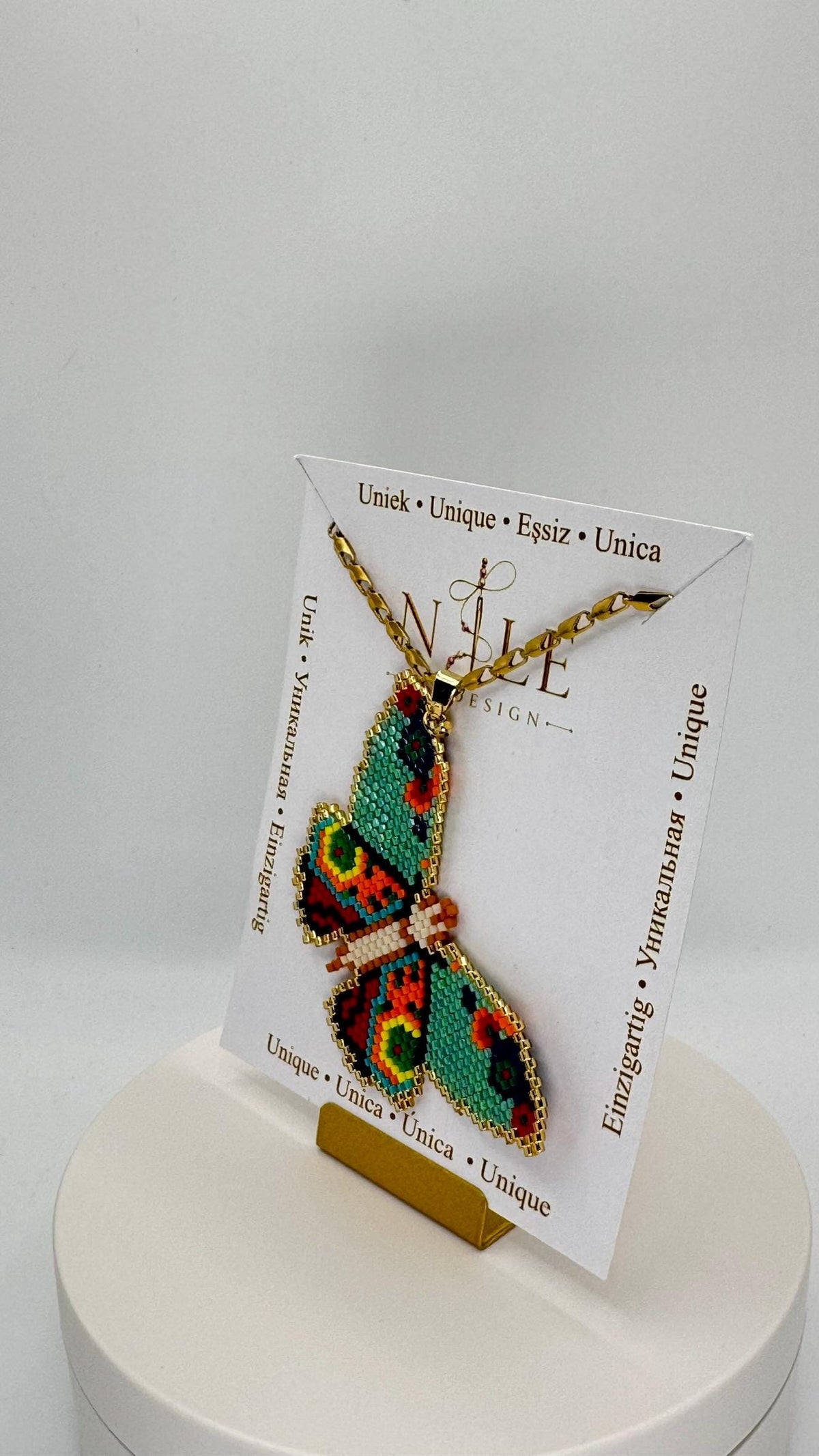 Colorful Beaded Butterfly Necklace, Turquoise and Orange Pendant, Stainless Steel Chain