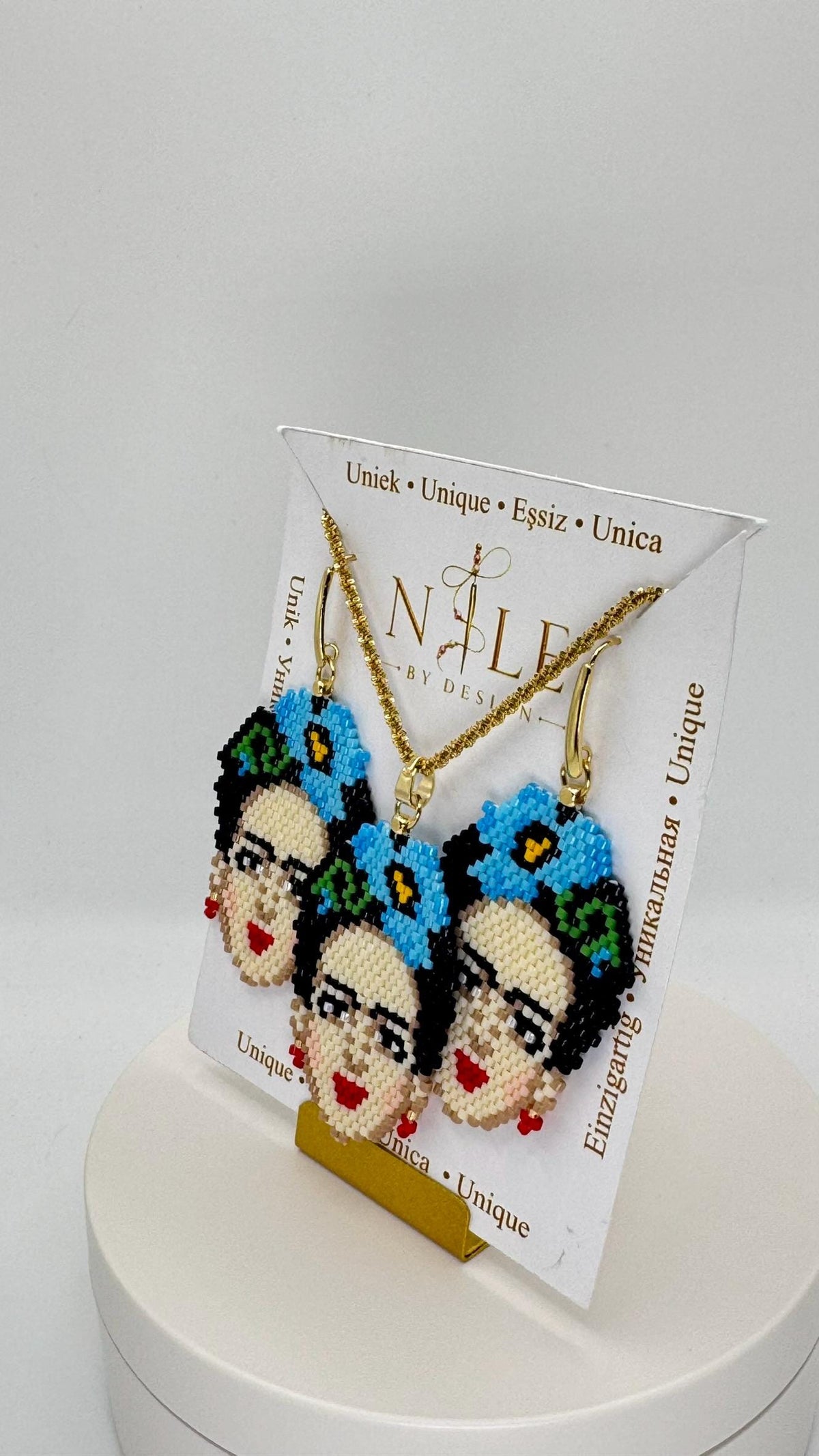 Frida Kahlo Inspired Beaded Jewelry Set, Portrait Necklace and Earrings, Blue Flower Design