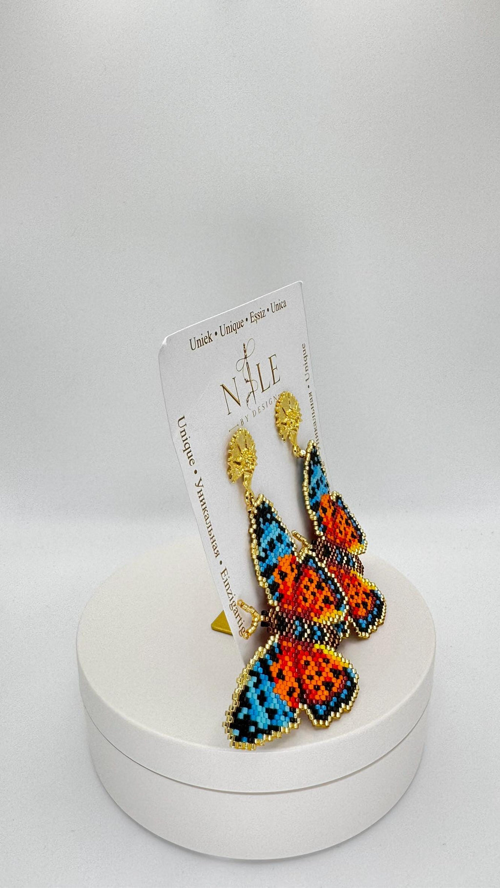 Orange and Blue Beaded Butterfly Earrings, Colorful Statement Dangles, Gold Tone Details