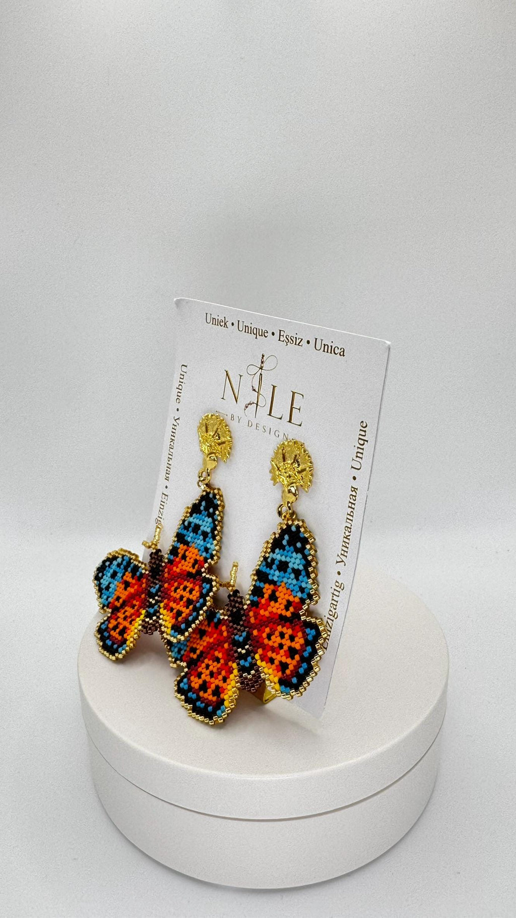 Orange and Blue Beaded Butterfly Earrings, Colorful Statement Dangles, Gold Tone Details