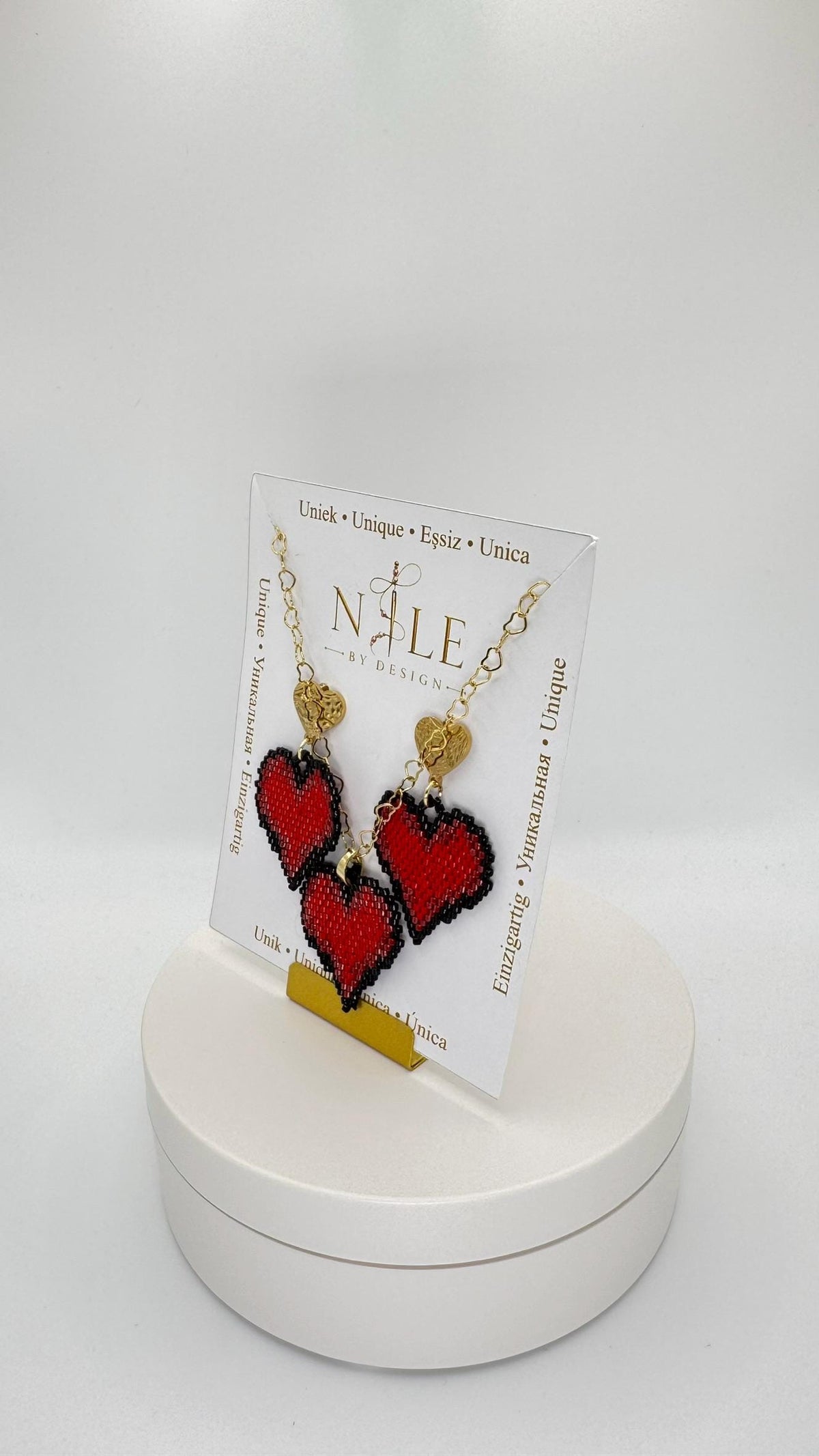 Red Heart Beaded Jewelry Set, Matching Necklace and Dangle Earrings, Gold Tone Heart Chain