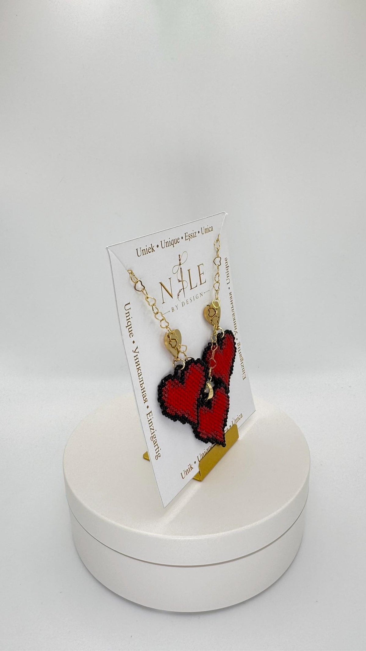 Red Heart Beaded Jewelry Set, Matching Necklace and Dangle Earrings, Gold Tone Heart Chain