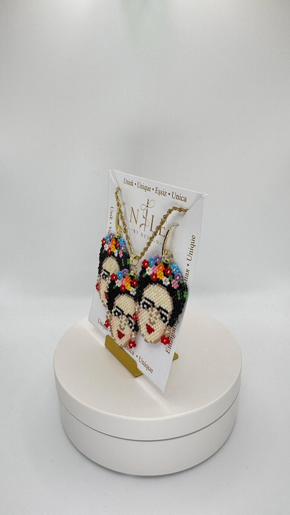 Frida Kahlo Inspired Beaded Jewelry Set, Portrait Necklace and Earrings, Multicolor Flower Crown