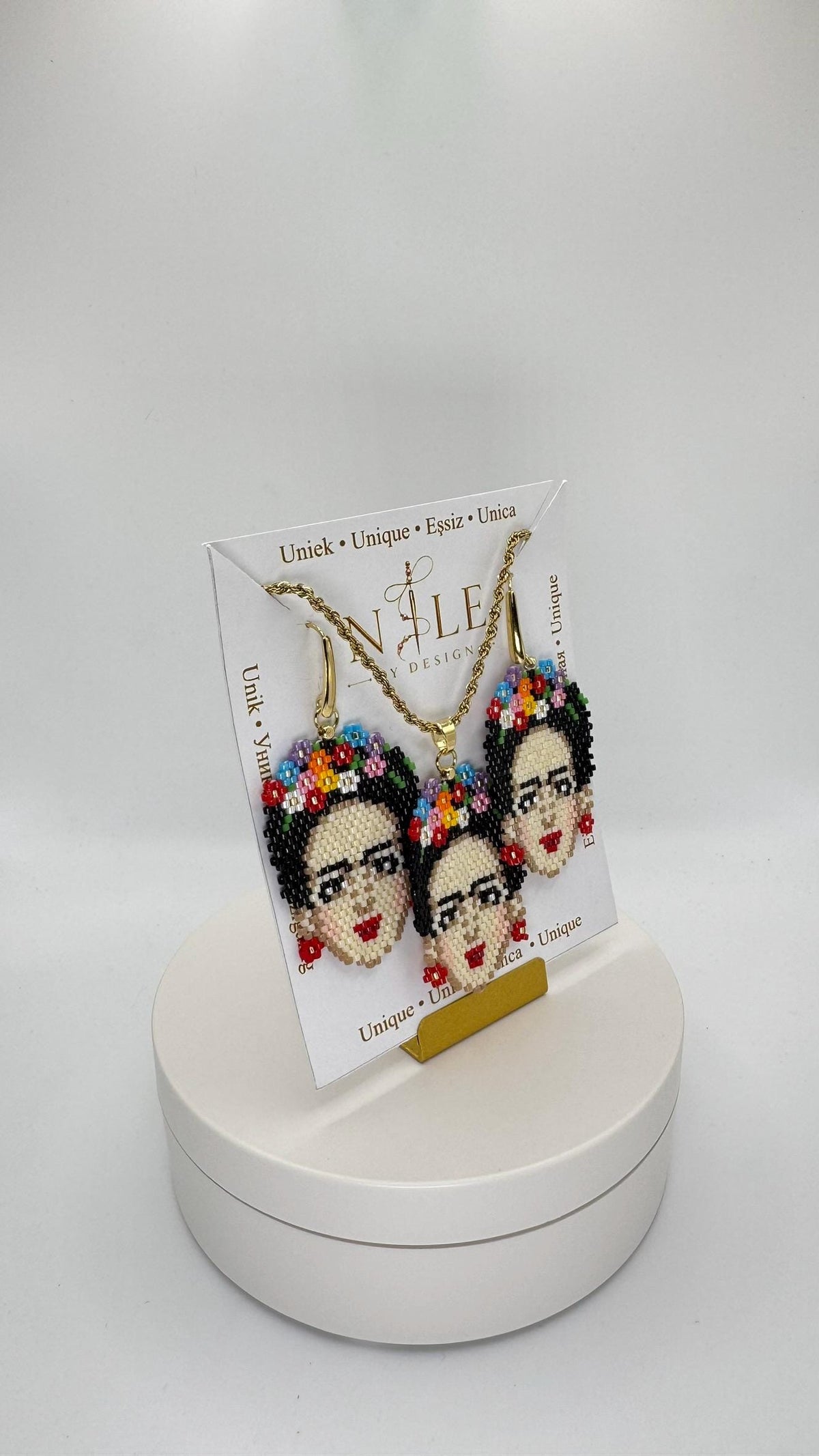 Frida Kahlo Inspired Beaded Jewelry Set, Portrait Necklace and Earrings, Multicolor Flower Crown