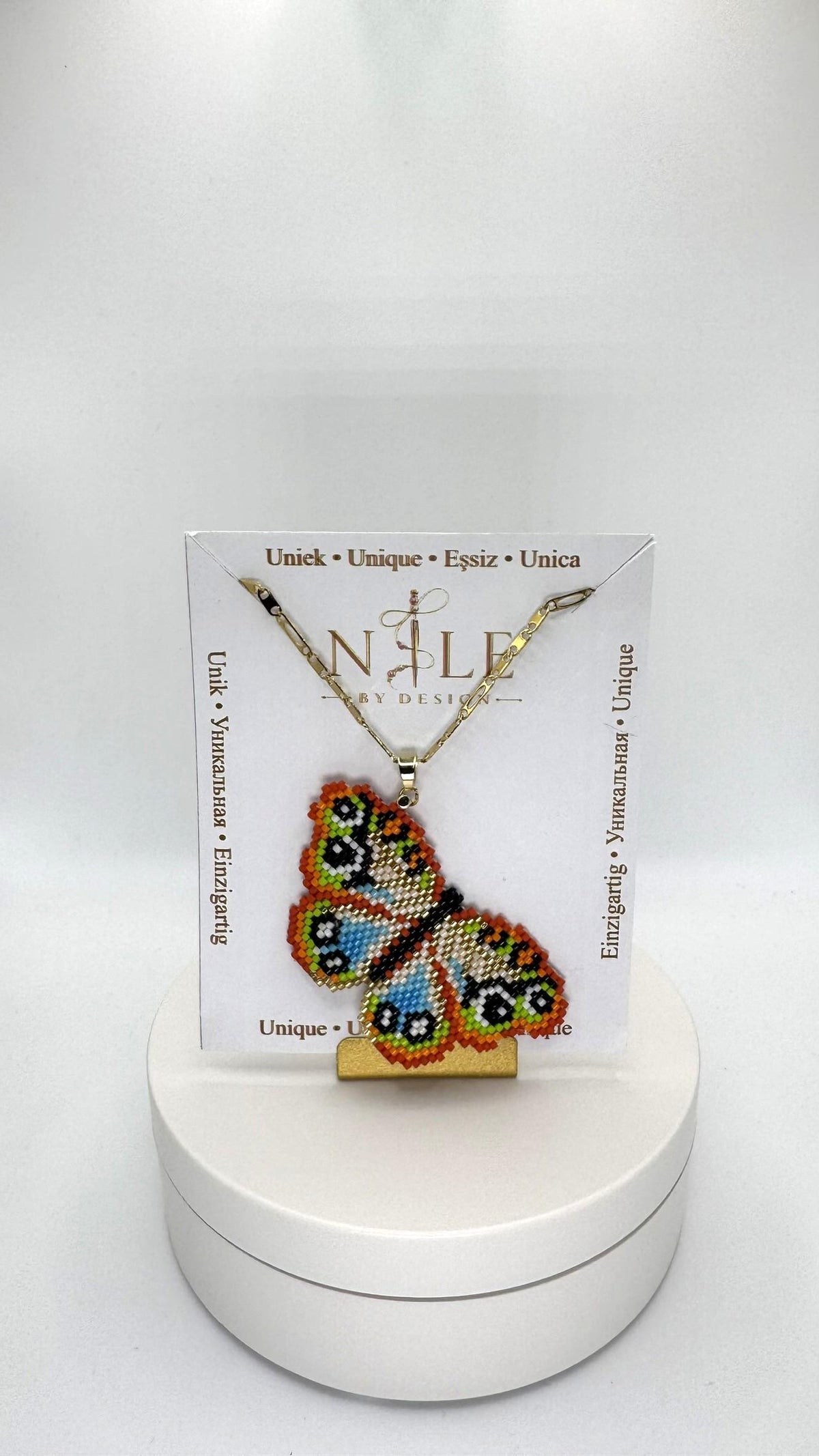 Colorful Beaded Butterfly Necklace, Orange and Blue Pendant, Stainless Steel Chain