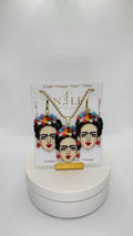 Frida Kahlo Inspired Beaded Jewelry Set, Portrait Necklace and Earrings, Multicolor Flower Crown