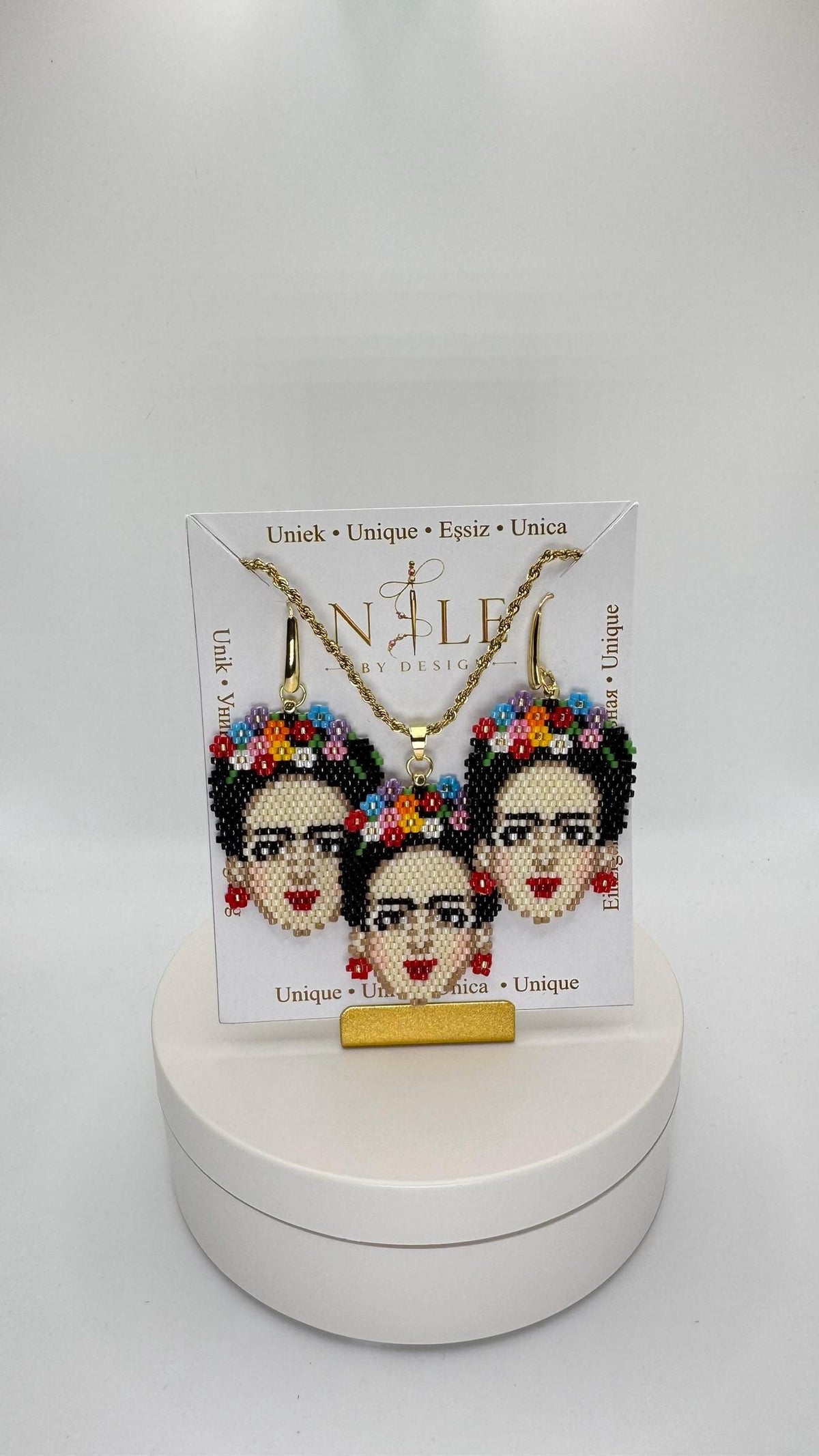 Frida Kahlo Inspired Beaded Jewelry Set, Portrait Necklace and Earrings, Multicolor Flower Crown