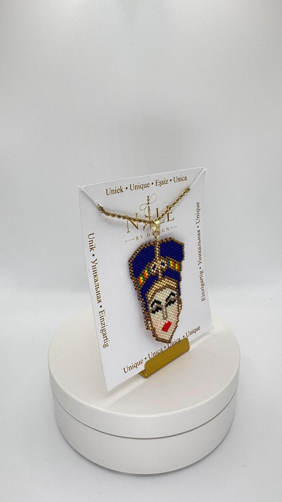 Nefertiti Beaded Necklace, Egyptian Queen Portrait Pendant, Blue Crown, 18K Gold Plated Chain