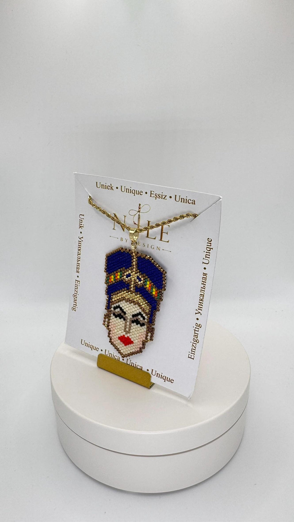 Nefertiti Beaded Necklace, Egyptian Queen Portrait Pendant, Blue Crown, 18K Gold Plated Chain