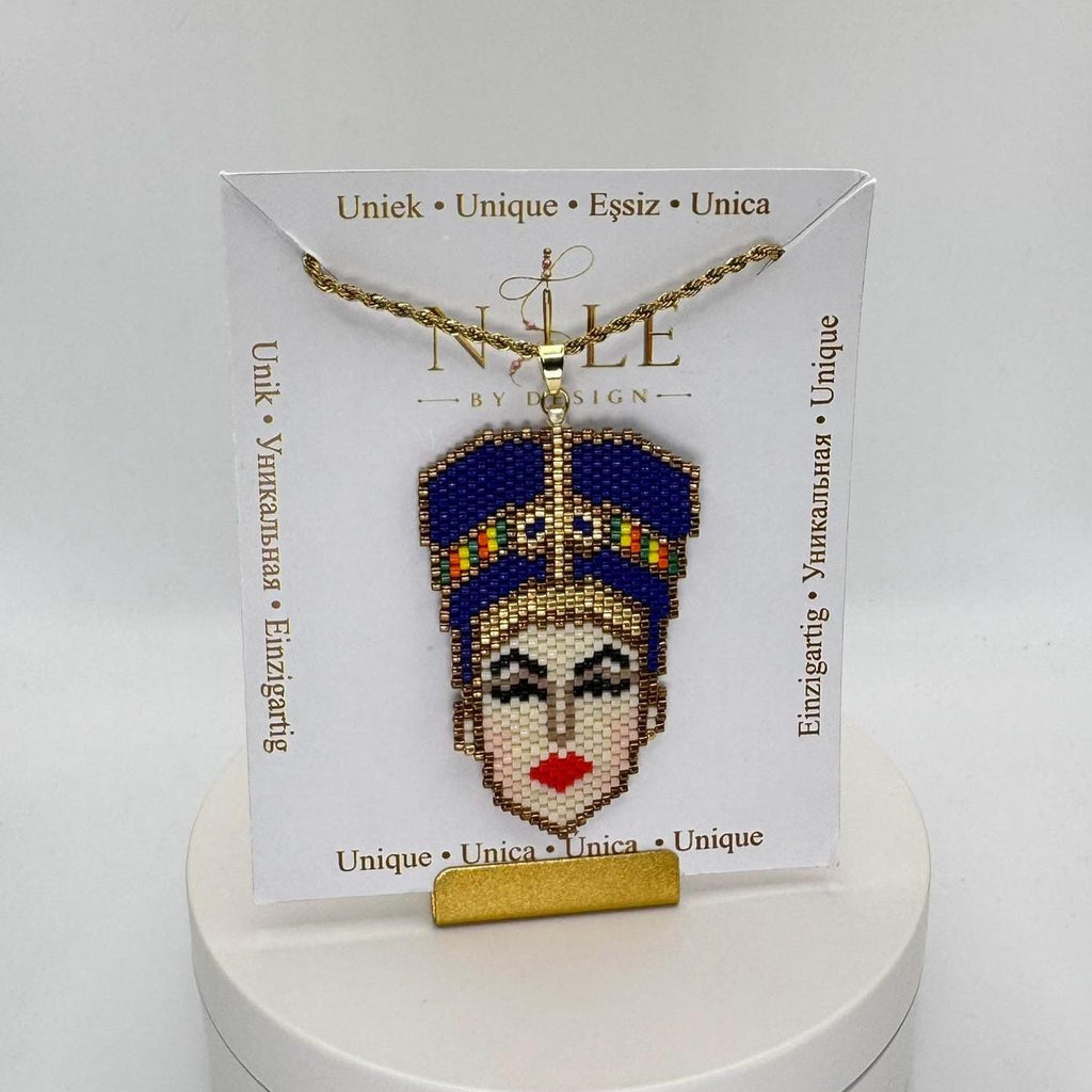 Nefertiti Beaded Necklace, Egyptian Queen Portrait Pendant, Blue Crown, 18K Gold Plated Chain