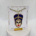 Nefertiti Beaded Necklace, Egyptian Queen Portrait Pendant, Blue Crown, 18K Gold Plated Chain