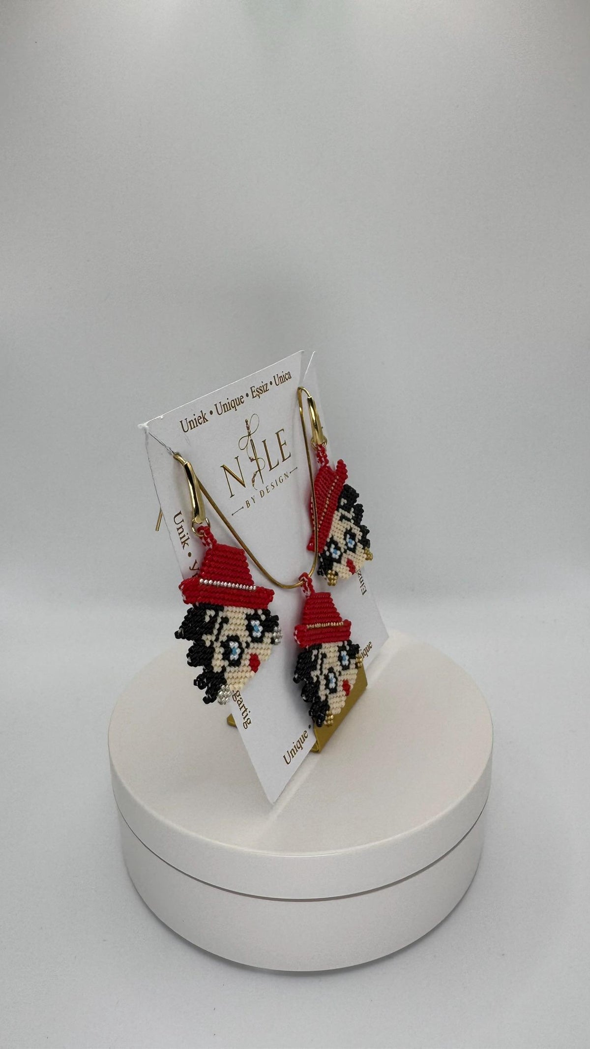 Betty Boop Inspired Beaded Jewelry Set, Red Hat Portrait Necklace and Earrings, 18K Gold Plated