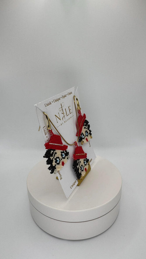 Betty Boop Inspired Beaded Jewelry Set, Red Hat Portrait Necklace and Earrings, 18K Gold Plated