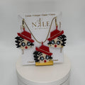 Betty Boop Inspired Beaded Jewelry Set, Red Hat Portrait Necklace and Earrings, 18K Gold Plated