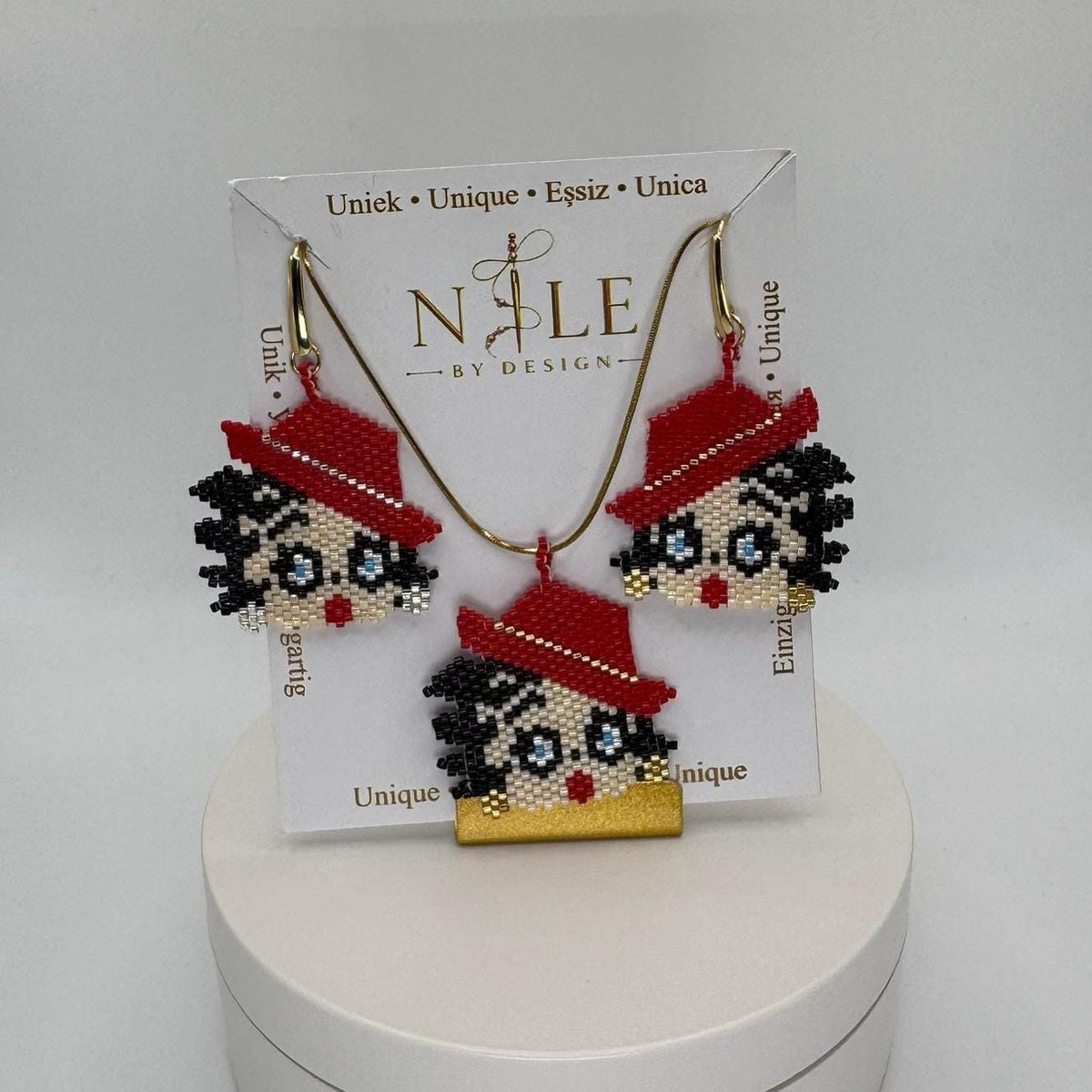 Betty Boop Inspired Beaded Jewelry Set, Red Hat Portrait Necklace and Earrings, 18K Gold Plated