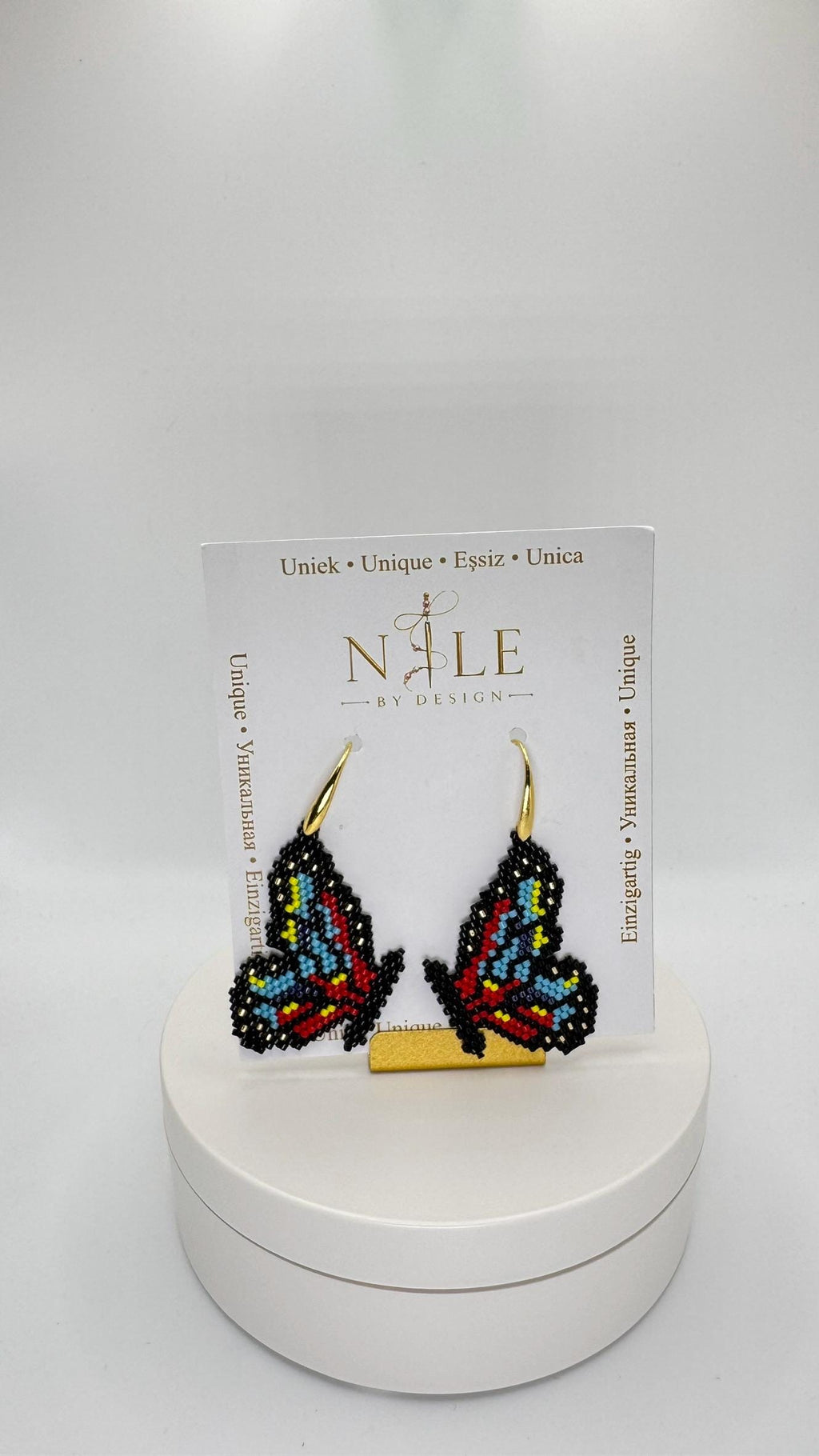 Beaded Butterfly Earrings, Black Blue Red and Yellow Wings, 18K Gold Plated Dangle Earrings