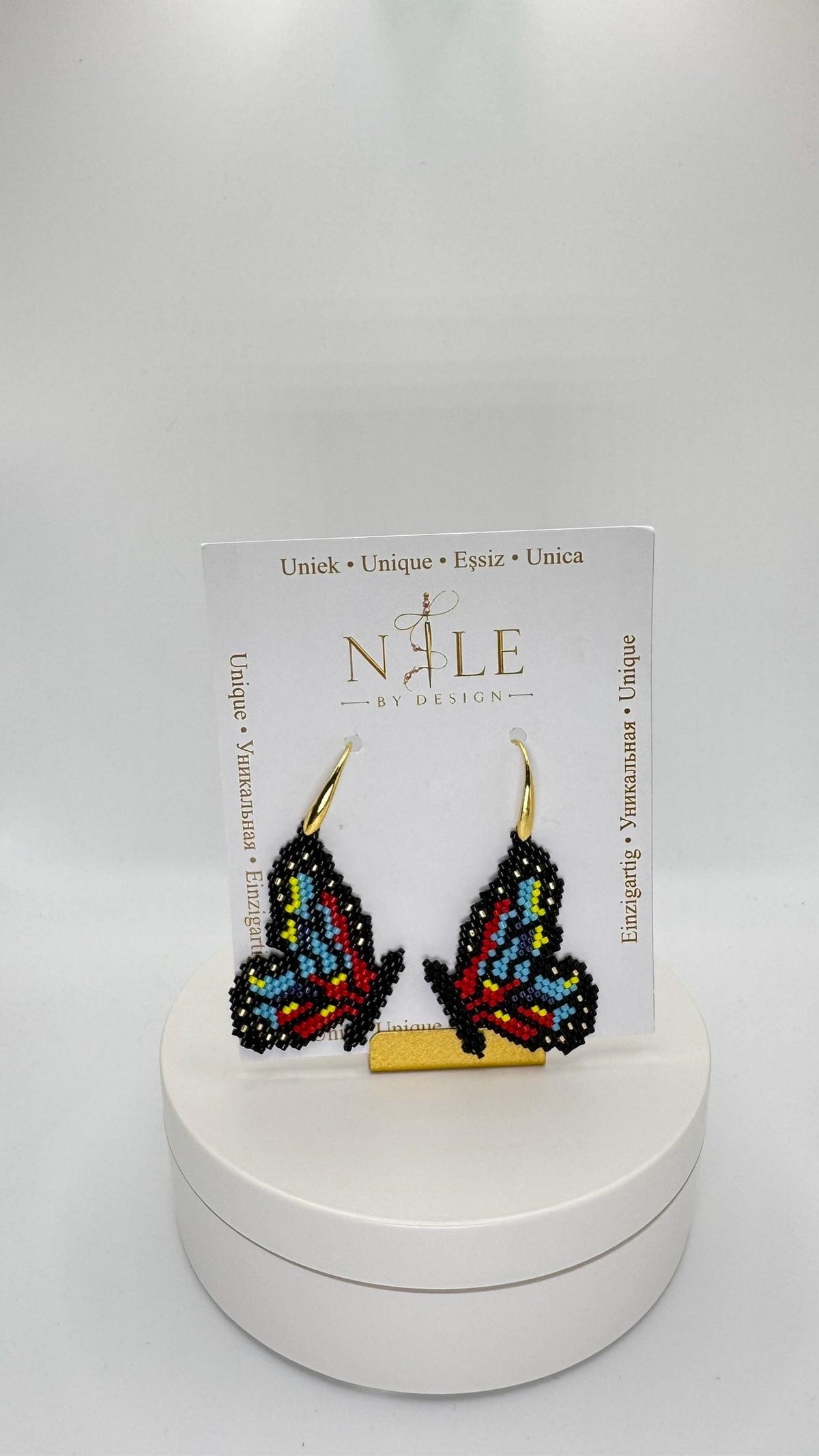 Beaded Butterfly Earrings, Black Blue Red and Yellow Wings, 18K Gold Plated Dangle Earrings