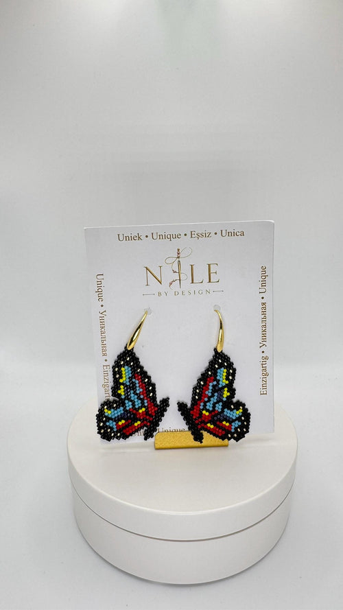 Beaded Butterfly Earrings, Black Blue Red and Yellow Wings, 18K Gold Plated Dangle Earrings