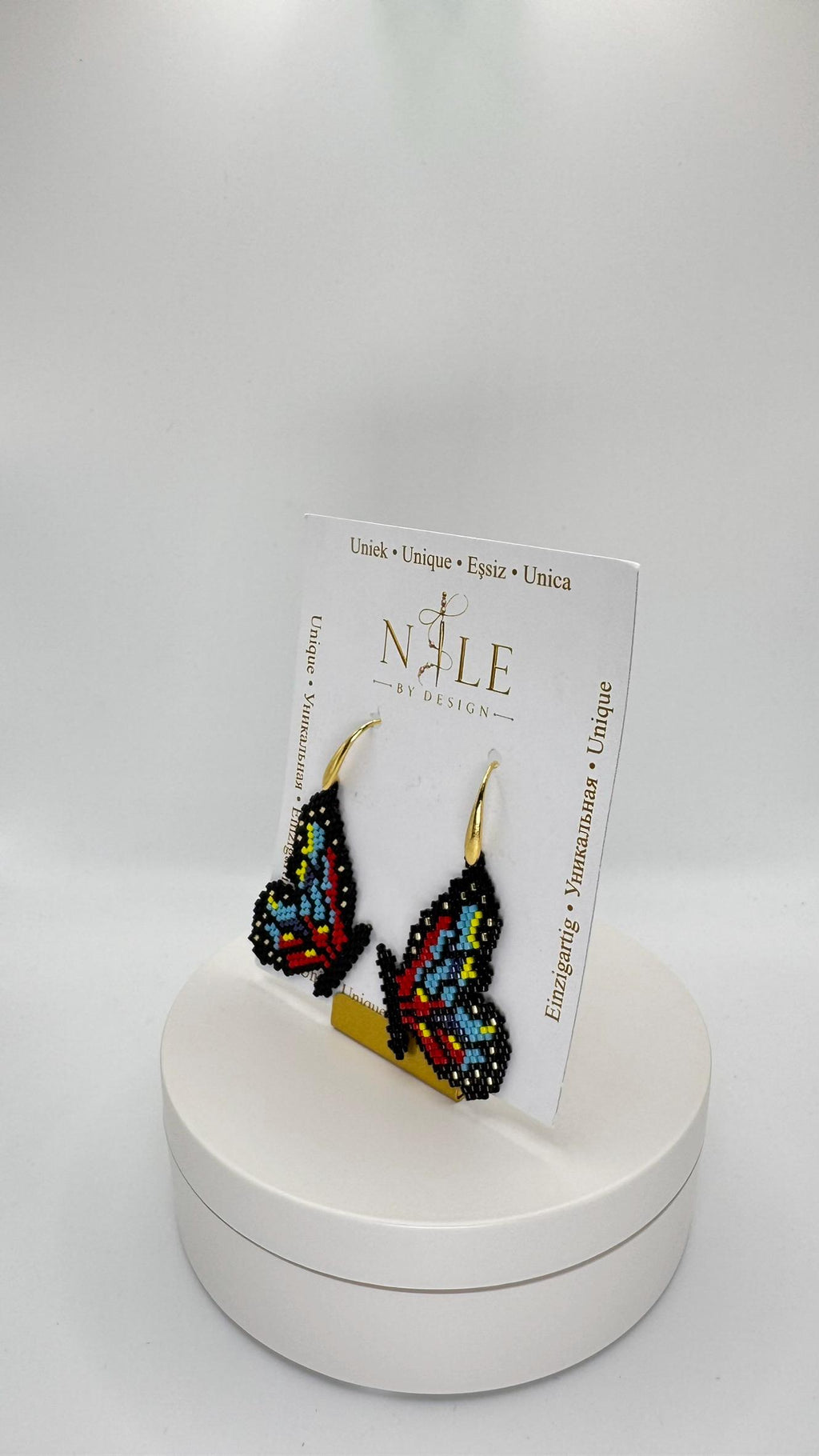Beaded Butterfly Earrings, Black Blue Red and Yellow Wings, 18K Gold Plated Dangle Earrings