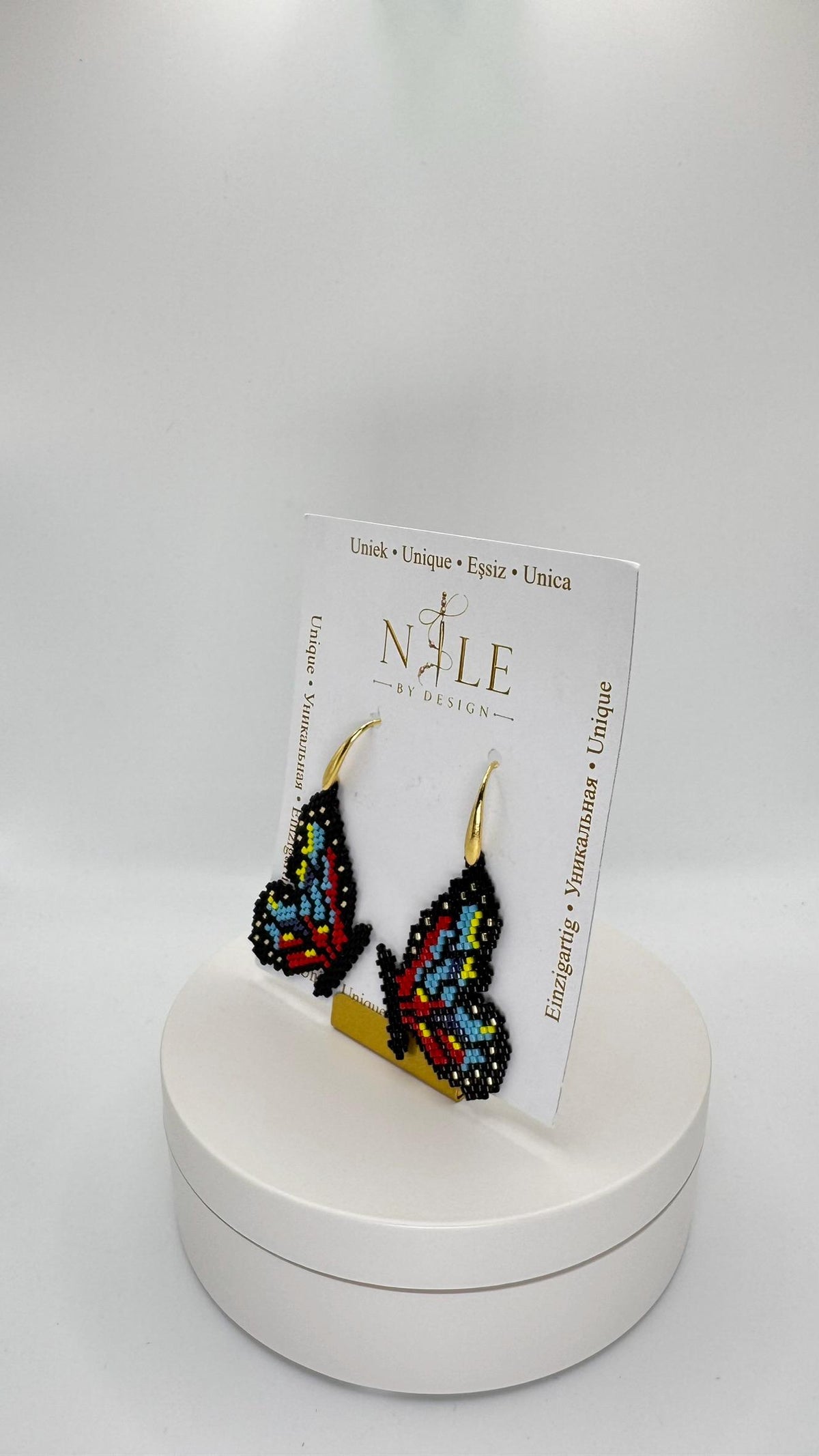 Beaded Butterfly Earrings, Black Blue Red and Yellow Wings, 18K Gold Plated Dangle Earrings