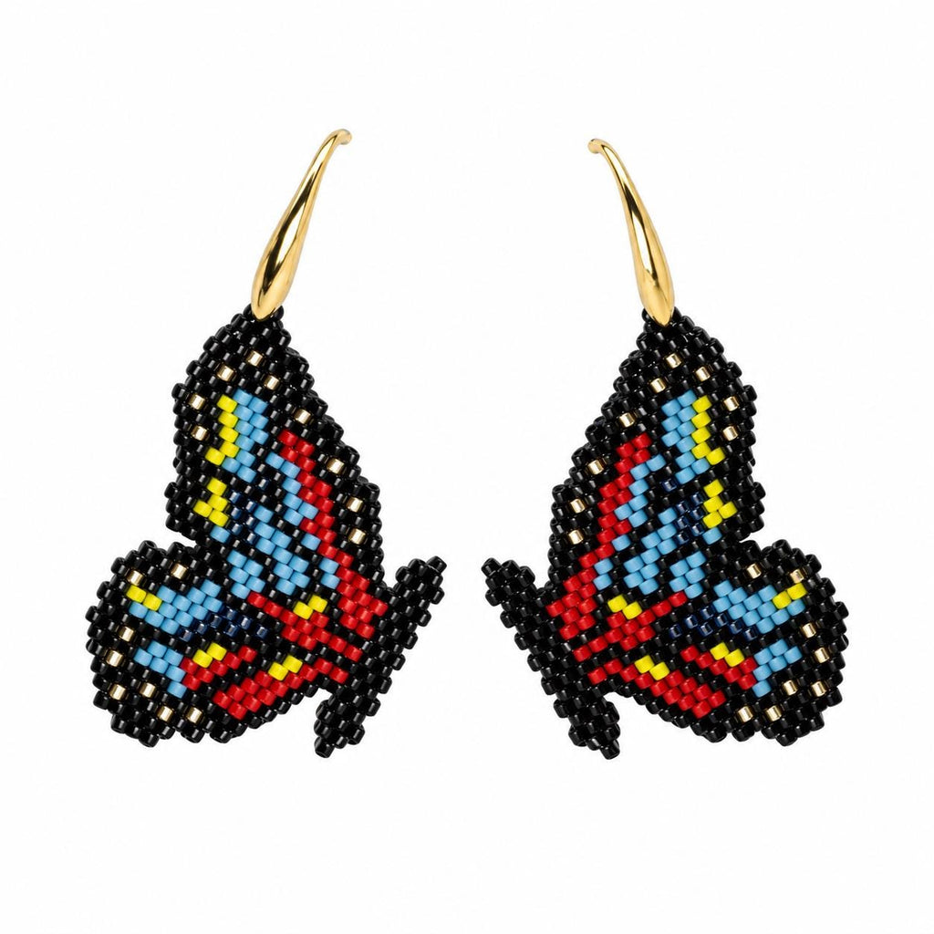 Beaded Butterfly Earrings, Black Blue Red and Yellow Wings, 18K Gold Plated Dangle Earrings