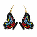Beaded Butterfly Earrings, Black Blue Red and Yellow Wings, 18K Gold Plated Dangle Earrings