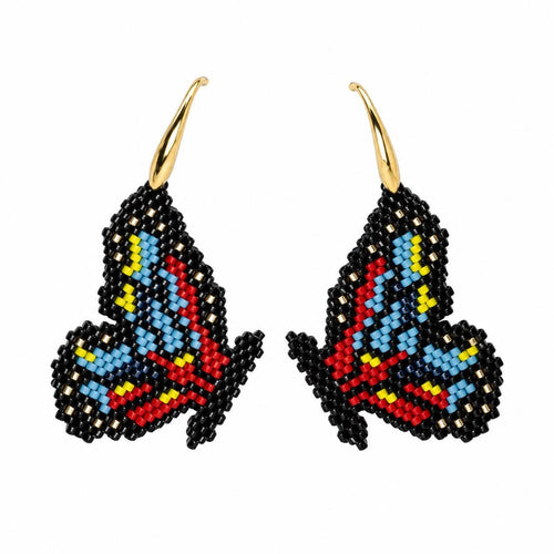 Beaded Butterfly Earrings, Black Blue Red and Yellow Wings, 18K Gold Plated Dangle Earrings